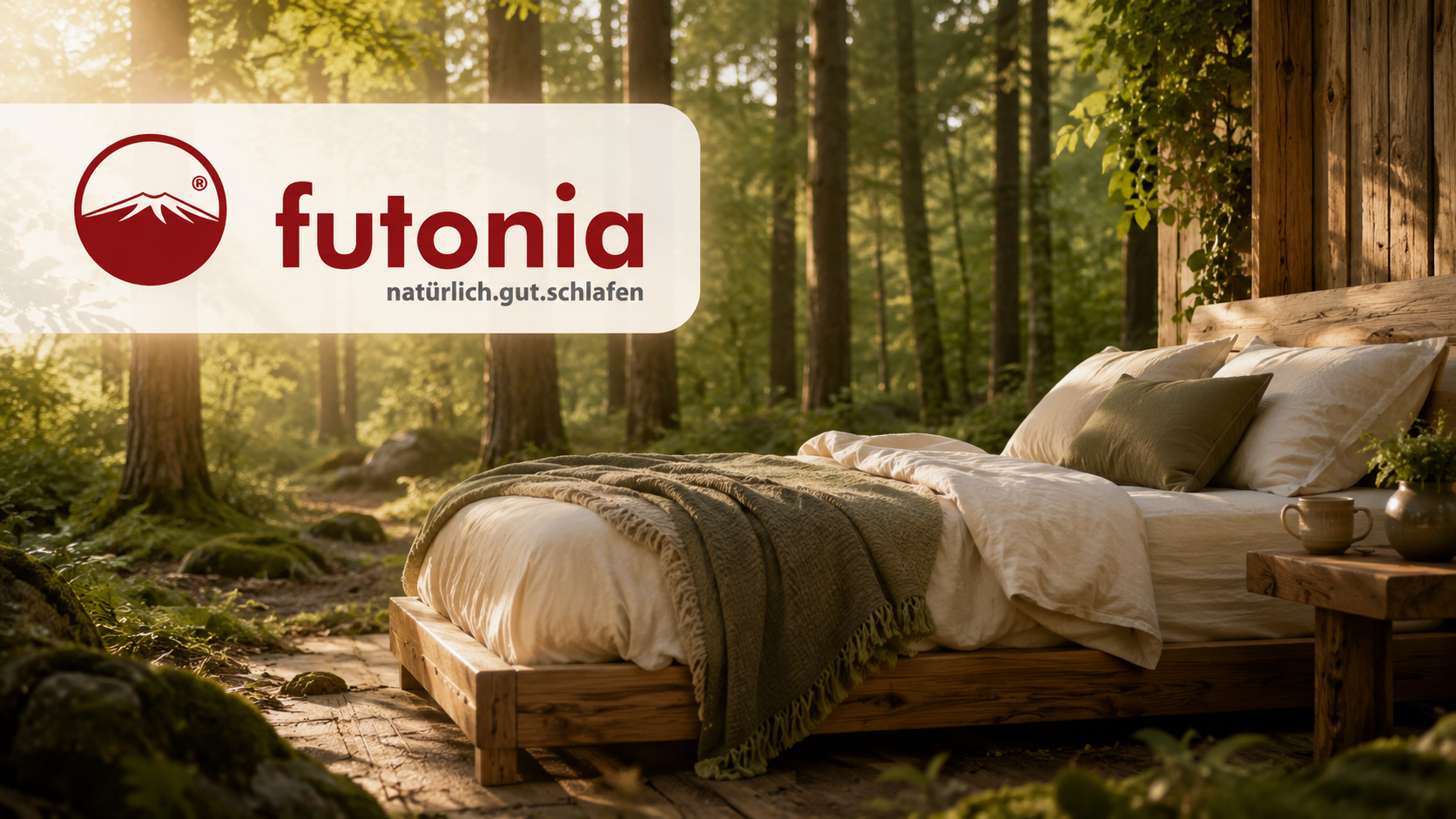 Futonia Blogbild mit Logo: gemütliches Holzbett in natürlicher Waldatmosphäre, umgeben von Bäumen, warmem Sonnenlicht und ruhiger, naturnaher Stimmung.