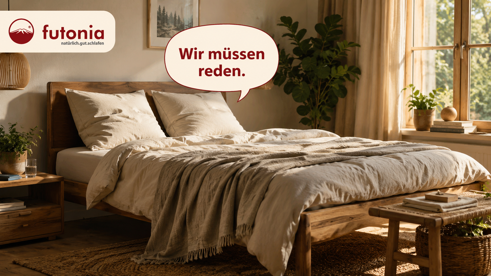Gemütliches Schlafzimmer mit Futonia Logo und Sprechblase „Wir müssen reden.“ über einem natürlichen Holzbett in warmem Morgenlicht.