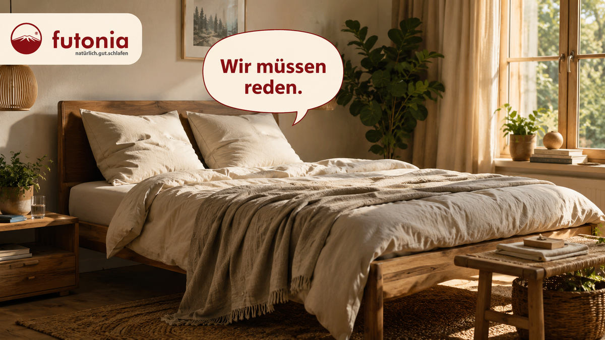 Gemütliches Schlafzimmer mit Futonia Logo und Sprechblase „Wir müssen reden.“ über einem natürlichen Holzbett in warmem Morgenlicht.